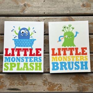 Kids Monster Canvas Bathroom Pictures - Set of 2 - Approx 11” x 14”